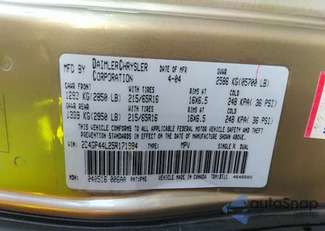 2005 Dodge Grand Caravan Sxt z USA, uszkodzony, nr VIN 2D4GP44L25R171984